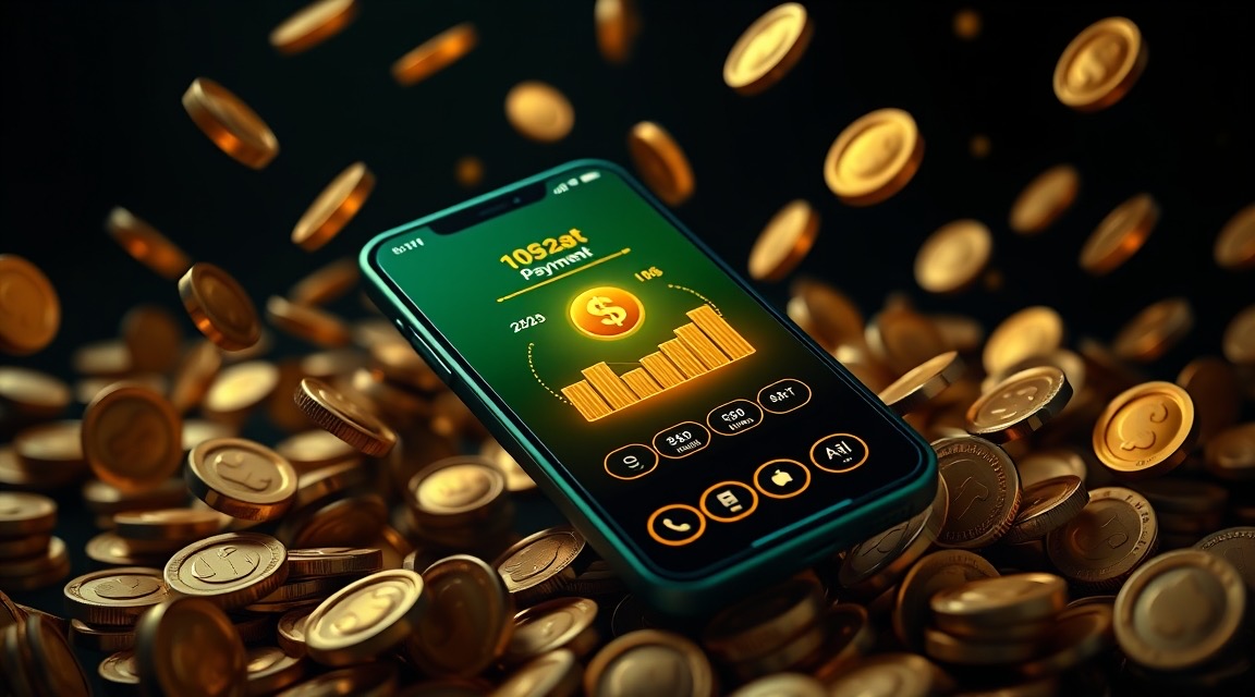 Smartphone wallet app with gold coins — payment options illustration (AI generated)