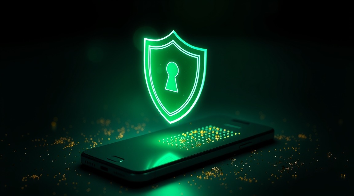 Emerald shield hologram over a smartphone — security illustration (AI generated)